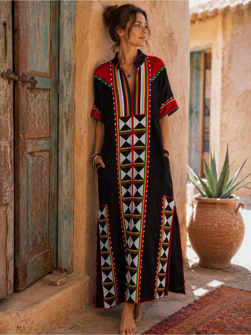 Bold Tribal Print Boho Caftan Maxi Dress – Vibrant Statement Lounge Gown